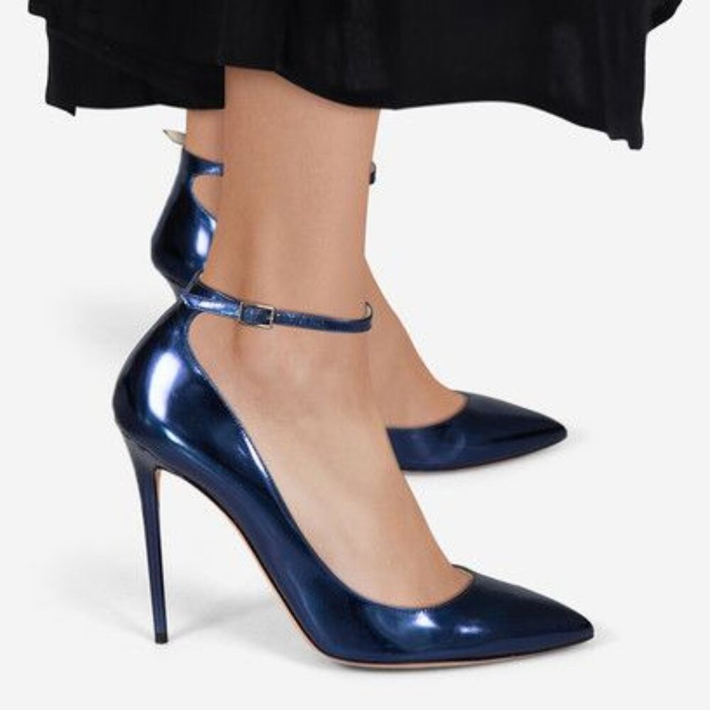 Jimmy Choo Lucy 100 Heels Metallic Denim Mirror Leather – Size 39.5